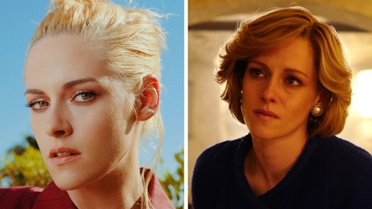 Kristen Stewart (left), and as Princess Diana (right) in Spencer.