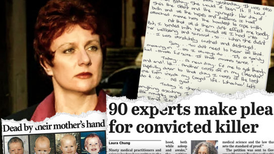Clockwise from left: Kathleen Folbigg outside the NSW Supreme Court in 2003, an extract from her letters to her best friend Tracy Chapman, and newspaper articles on her conviction and subsequent push by experts for a pardon.