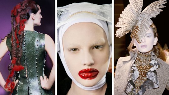 Alexander McQueen, from left: Highland Rape collection, AW 1995–96; backstage at the launch of the Horn of Plenty collection; The Widows of Culloden collection, AW 2006–7.