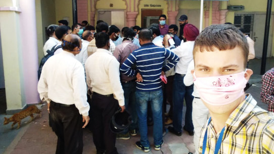 Tom Delaney outside a government office in Lucknow, India, in April 2020.