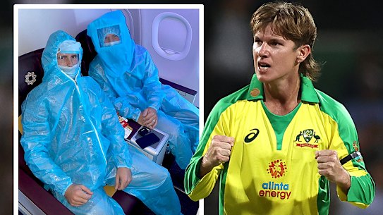 Adam Zampa is hoping to get home and (inset) Kane Williamson and David Warner, IPL teammates, suit up in India.