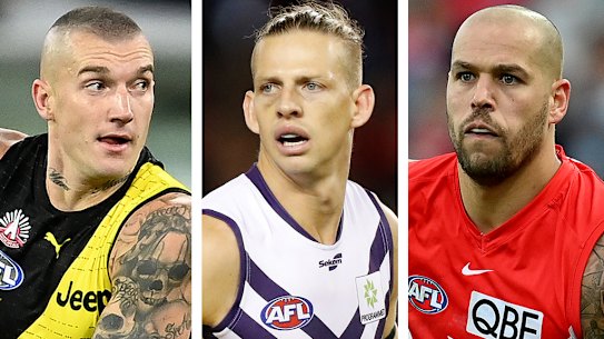 Some of the AFL’s highest-earners: Dustin Martin, Nat Fyfe, and Lance Franklin.