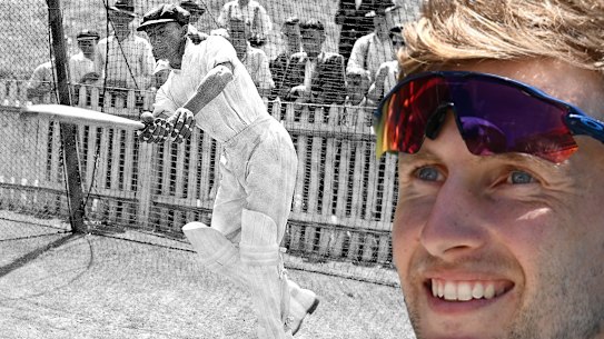 Joe Root (etched) with Sir Donald Bradman.