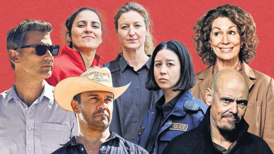From top left: Eric Bana in The Dry; Kitty Flanagan in Fisk; Madeleine Sami, Kate Box and Nina Oyama in Deadloch; Aaron Pedersen in Mystery Road; and Scott Ryan in Mr Inbetween.