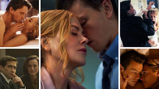 Clockwise from main: Nicole Kidman and Harris Dickinson in Babygirl; Michael Douglas and Glenn Close in Fatal Attraction; Harry Styles and Florence Pugh in Don’t Worry Darling; Jake Gyllenhaal and Renate Reinsve in Presumed Innocent; Michael Douglas and Sharon Stone in Basic Instinct.