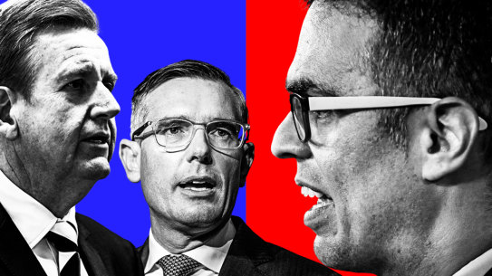 From left, Barry O’Farrell, Dominic Perrottet and Daniel Mookhey.