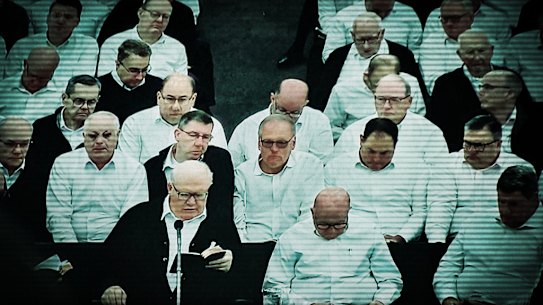 “Elect Vessel” of the Plymouth Brethren Christian Church Bruce D. Hales, left front, preaching earlier this month in Westfield, in the United States.