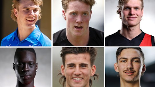2021 AFL draftees: (from left to right): Jason Horne-Francis, Toby Conway, Ben Hobbs, Mac Andrew, Nick Daicos and Josh Gibcus.