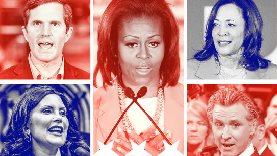 Possible replacements for Joe BIden include (clockwise from left) Andy Beshear, Michelle Obama, Kamala Harris, Gavin Newsom and Gretchen Whitmer.