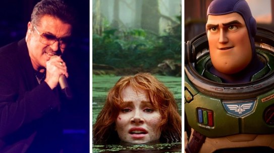 Movies to see in June include (from left) George Michael Freedom Uncut, Jurassic World Dominion starring Bryce Dallas Howard and Lightyear.