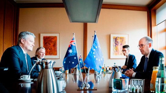 Mathias Cormann, Australia's candidate to become secretary general of the OECD, meets with German Minister of State Niels Annen in Berlin.