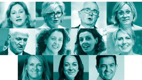 Top, from left: Rebekha Sharkie, 
Helen Haines, Andrew Wilkie, 
Zali Steggall. Middle, from left: 
Bob Katter, Monique Ryan, Allegra Spender, Zoe Daniel. Bottom, from left: Kylea Tink, Sophie Scamps, Rob Priestly.