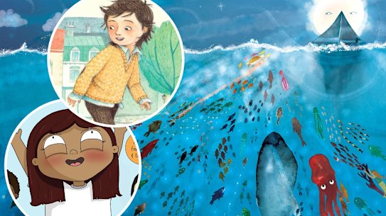 Claire Saxby’s Whisper the Wind features frothy, light watercolour illustrations by Jess Racklyeft. Inset: Go Home, Cat (top) and Big Feelings.