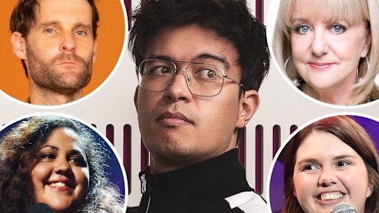 What’s the worst that could go wrong? Comedians Phil Wang and (inset, clockwise from top left) Luke Heggie, Denise Scott, Prue Blake and Steph Tisdell.