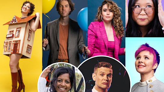 Melbourne Interational Comedy Festival. Clockwise from left: Bea Barbeau-Scurla, Joshua Ladgrove, Michelle Brasier, Jennifer Wong, Cal Wilson, Ari Eldjárn, Sashi Perera