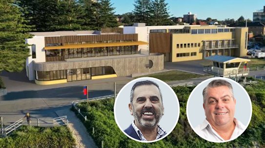 An artist’s impression of a planned redevelopment of the North Cronulla Surf Life Saving Club, with Sutherland Mayor Carmelo Pesce, left, and hotelier Chris Feros.