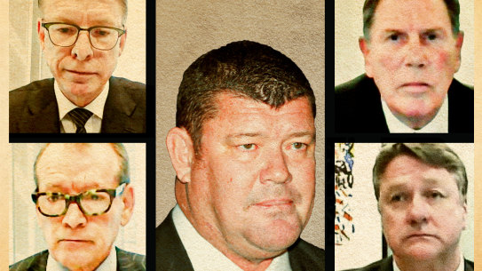 The question of James Packer's influence has long hung over Crown. James Packer (centre), with (clockwise from top left) Ken Barton, Guy Jalland, Michael Johnston, and John Alexander. 