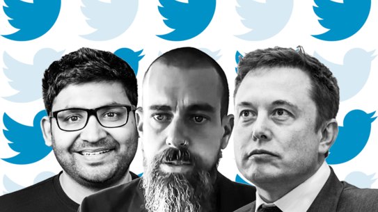 Twitter chief executive Parag Agrawal (left) is managing a company through the turbulence of a purchase by Elon Musk (right) that was welcomed by co-founder Jack Dorsey (centre).