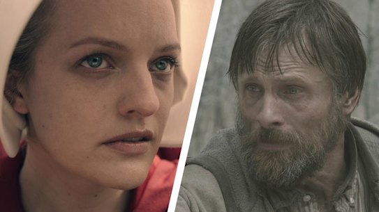 Are the dystopian stories we tell as powerful as we think? Elisabeth Moss in The Handmaid’s Tale and, right, Viggo Mortensen in The Road.