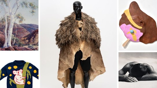 Clockwise from main: Fay Carter, Emu feather cloak, 2018; Kenny Pittock, Melted Bubble’O, 2020; Max Dupain, Sunbaker, 1938 (detail); Jenny Kee, Blinky jumper, 1979; Albert Namatjira, Ghost Gum, c1950.