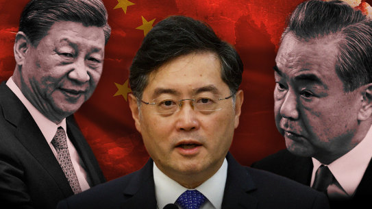 Power play: Chinese Foreign Minister Qin Gang (centre) with President Xi Jinping and top diplomat Wang Yi. 