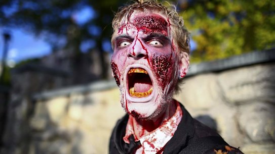 A man dressed as a zombie poses before a so-called "Monster Casting" session for the Filmpark Babelsberg theme park in Potsdam.