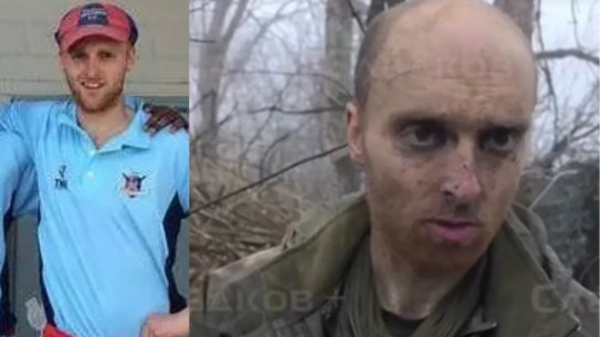 Oscar Jenkins, pictured (left) playing for Toorak Prahran Cricket Club, was captured by Russian forces while fighting for Ukraine (right).