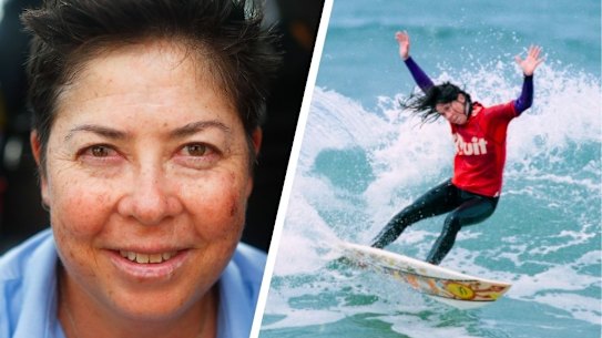 Former world surfing champion Pauline Menczer and, right, surfing at Bells Beach in 1996.