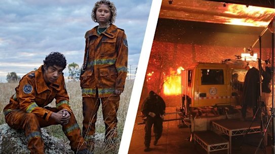 Hunter Page-Lochard and Eliza Scanlen play volunteer firefighters Mott and Tash in Fires; the Dreamscreen in action.