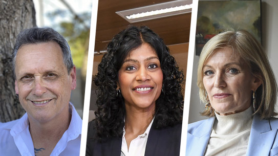 Crossbenchers (from left) Andy Meddick, Samantha Ratnam and Fiona Patten have been negotiating with the state government.
