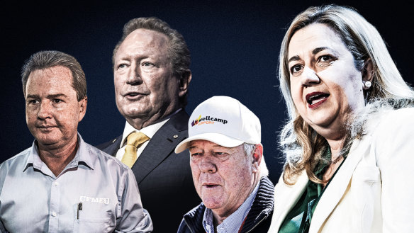 Premier Annastacia Palaszczuk with, from left, CFMEU Queensland secretary Michael Ravbar, billionaire Andrew Forrest, and Toowoomba businessman John Wagner.