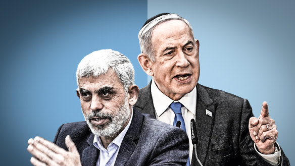 Hamas leader Hamas  Yahya Sinwar and Israel PM Benjamin Netanyahu.