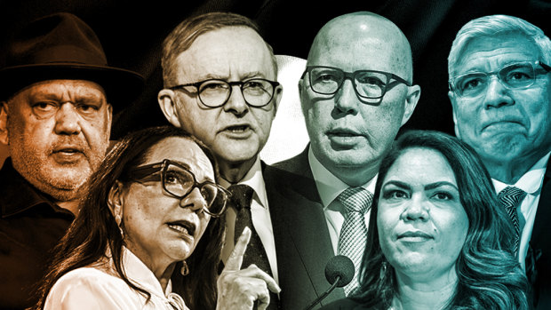 Key figures in the Voice debate (from left) Noel Pearson, Linda Burney, Anthony Albanese, Peter Dutton, Jacinta Nampijinpa Price and Nyunggai Warren Mundine.