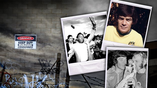 A dilapidated St George Stadium. Pele, Johnny Warren in his Socceroos kit, and Warren and former Socceroo Manfred Schaefer