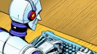 Chatbots might be able to generate only mediocre writing, but they dos a decent job of creating illustrations of robots writing.
