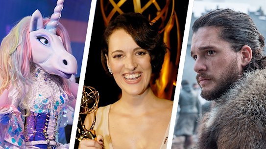 Deni Hines as the unicorn on The Masked Singer; Fleabag creator and star Phoebe Waller-Bridge; Kit Harington as Jon Snow in Game of Thrones.
