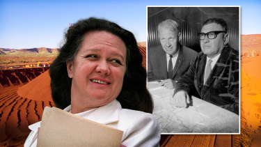 Gina Rinehart and her company Hancock Prospecting, started by her father Lang (inset far right), is defending claims to its Hope Downs iron ore tenement in the Pilbara from Wright Prospecting, started by Peter Wright (inset left).