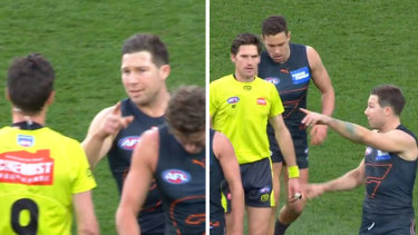 Toby Greene and the umpire â€œbumpâ€ during the elimination final.