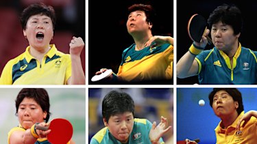 Australian tennis table athlete Jian Fang Lay plays in six Olympics - from top left: Tokyo, Rio 2016, London 2012, Beijing 2008, Athens 2004 and Sydney 2000.