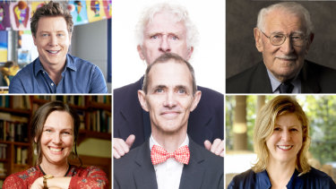 Top-selling Australian authors, clockwise from left: Scott Pape, Andy Griffiths (front) and Terry Denton, Eddy Jaku, Liane Moriarty and Pip Williams. 