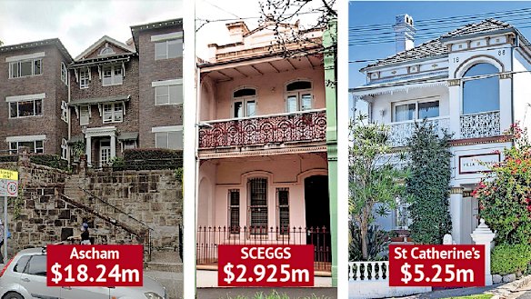 Ascham has bought five of six apartments in an art deco block (left), SCEGGS Darlinghust bought a corner terrace, and St Catherine’s bought Villa Palmyra (right).