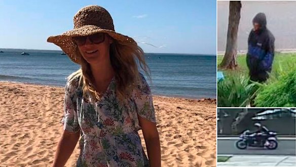 Samantha Fraser (left) and CCTV images of Adrian Basham on his motorcycle and outside her home.