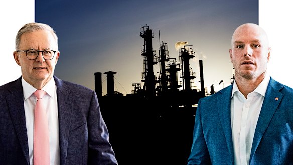 Independent senator David Pocock, right, says he’ll provide the vote needed to enshrine Anthony Albanese’s 43 per cent emissions reduction target in legislation.