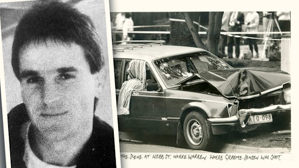 Bank robber Graeme Jensen and the car he was killed in by the Victorian armed robbery squad.