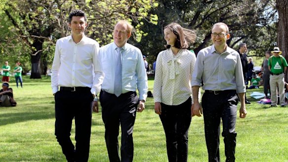 Greens Victorian campaign launch with (left to right) Scott Ludlam, Greg Barber, Ellen Sandell and Adam Bandt.