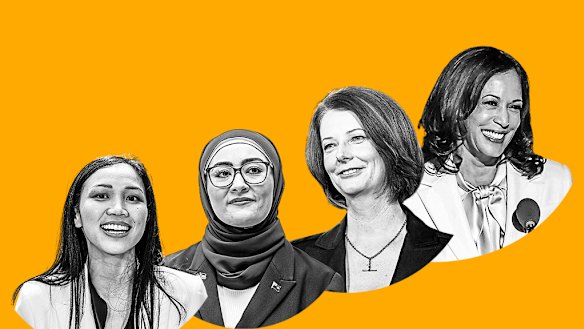 Kamala Harris, right, and Australian women who’ve been tested in Australian politics: Tu Le, Fatima Payman and Julia Gillard.