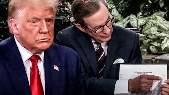 The 2020 election has been upended by coronavirus. Trump being shown COVID-19 statistics by a journalist.