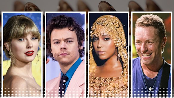 Taylor Swift, Harry Styles, Beyonce, and Chris Martin are all up for Grammys on Monday. 