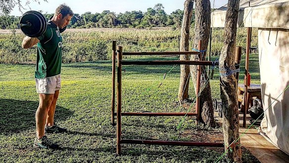 David Pocock in a makeshift gym in Zimbabwe.