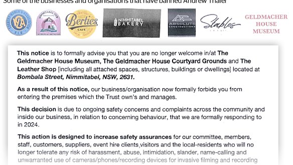 An excerpt from one of the banning notices sent to Thaler by several premises in Nimmitabel and Cooma last year